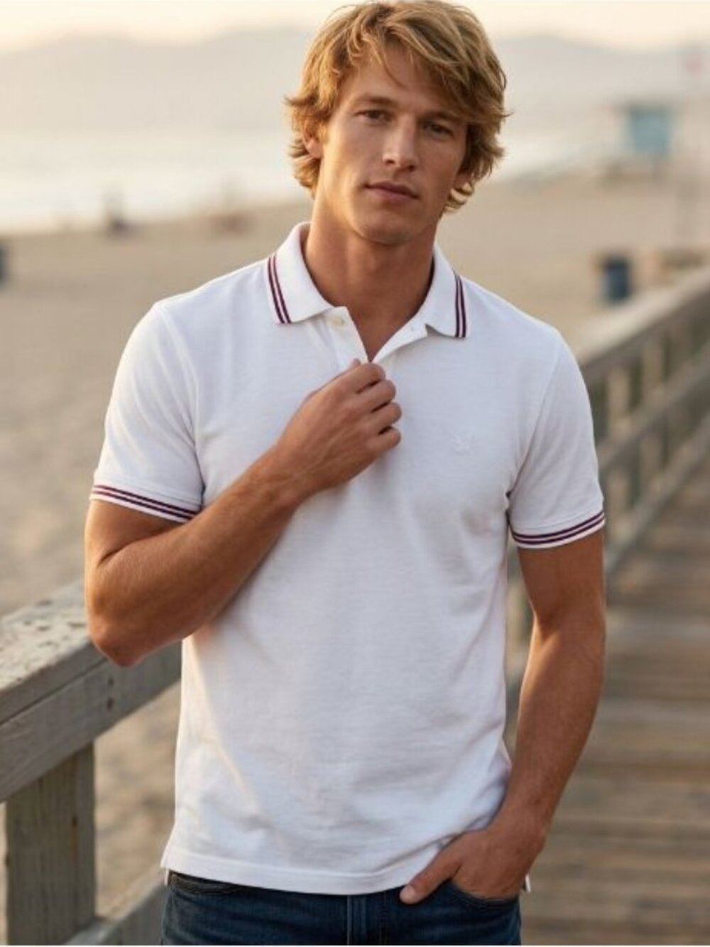 American Eagle Men M Tall Polo Shirt White Burgundy Striped Super Soft Essential